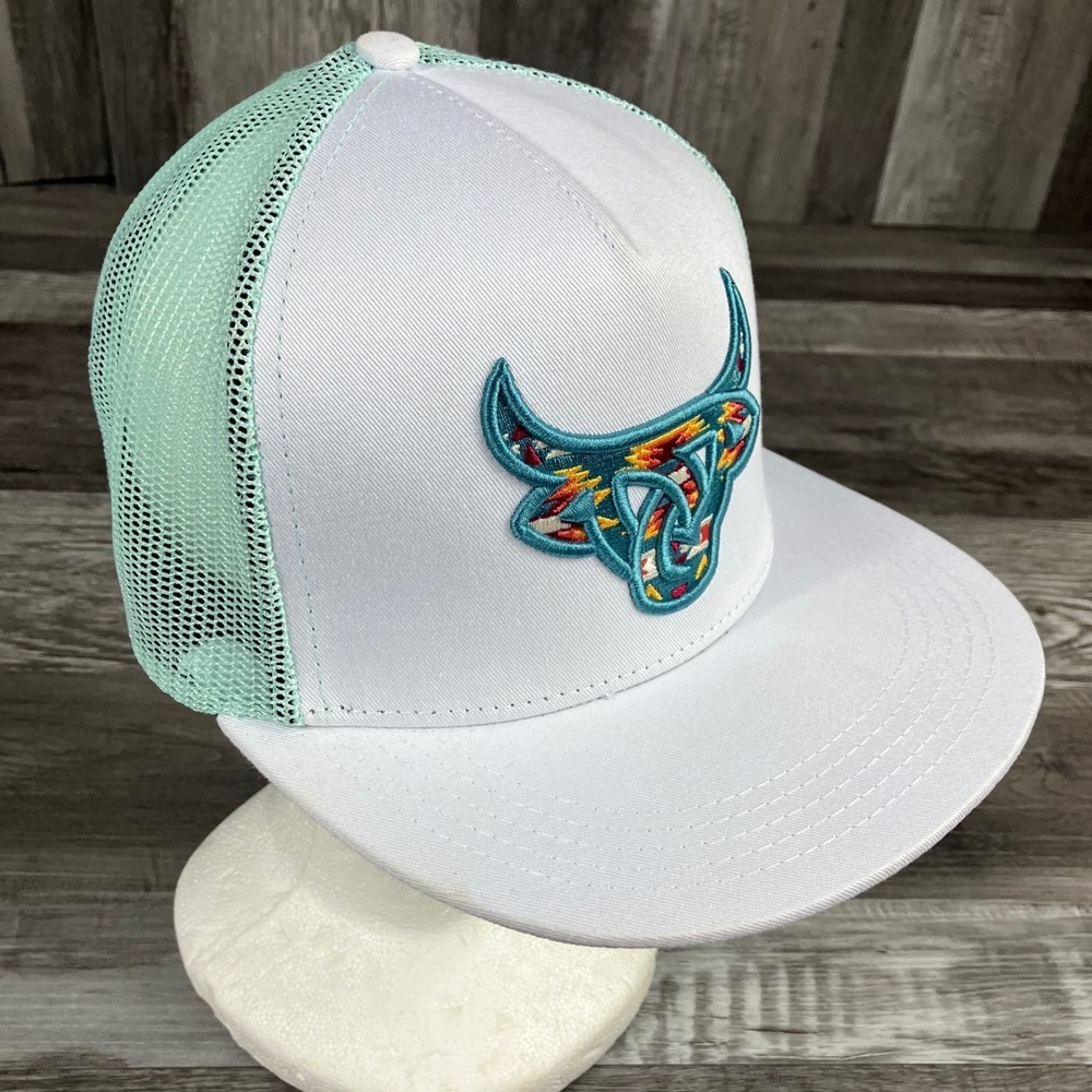Lost Calf Natural Born Cowboy White Mint Green Southwestern Bull Trucker Hat